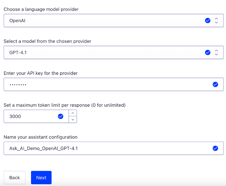 Screenshot of the Ask AI configuration dialog in the Algolia dashboard