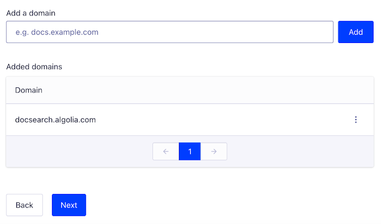 Screenshot of the Add domain dialog in the Algolia dashboard