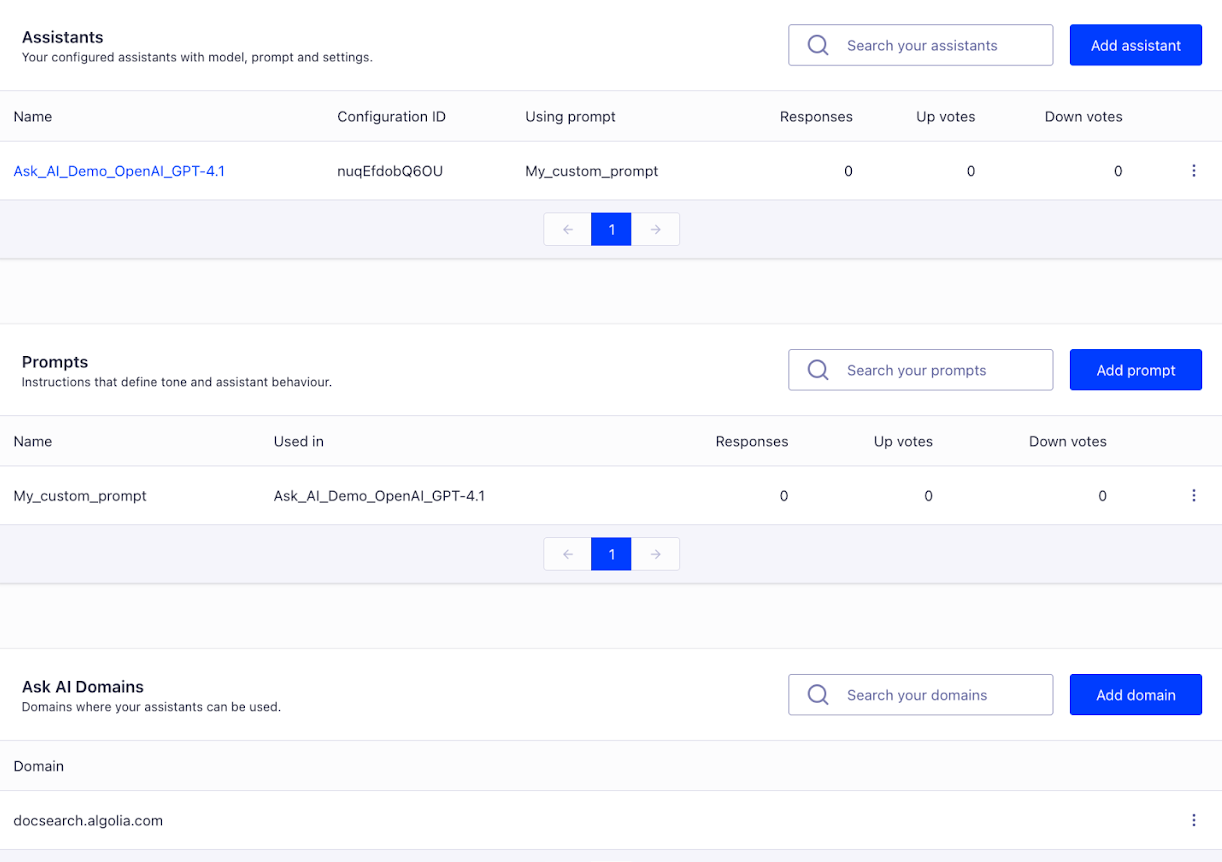 Screenshot of Ask AI assistants in the Algolia dashboard