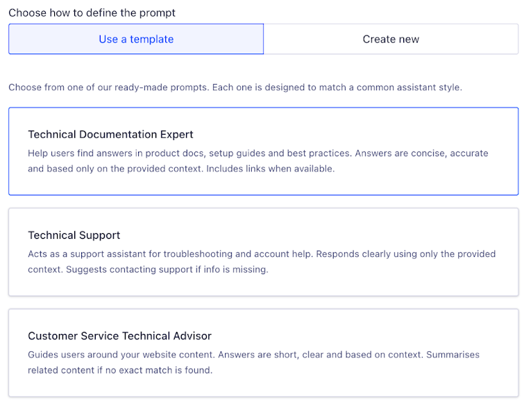 Screenshot of the Ask AI default prompt templates in the Algolia dashboard