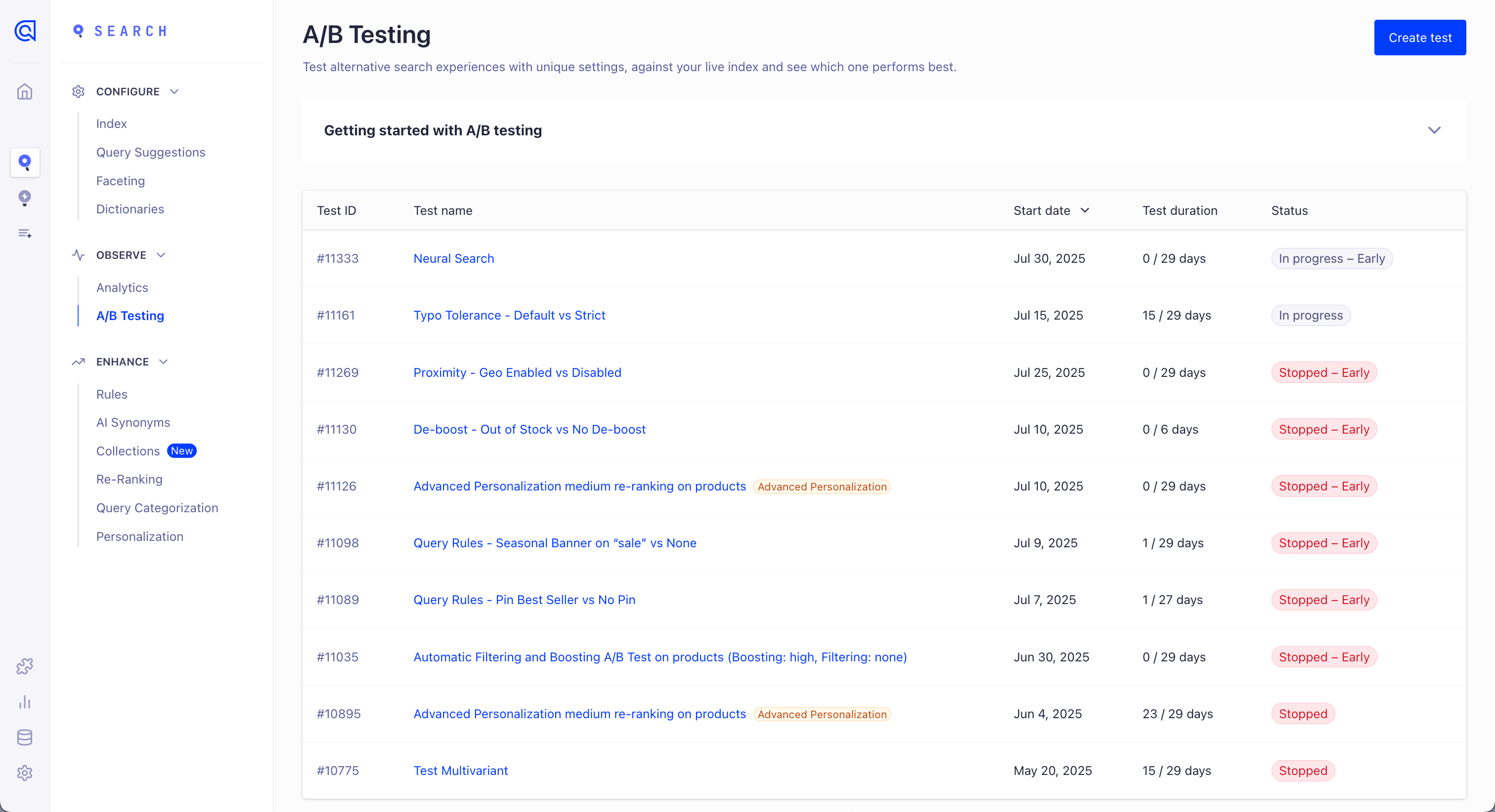 A/B testing in the Algolia dashboard