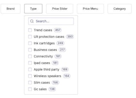 An example of a search screen with facet dropdowns