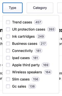 Screenshot of a 'Type' facet drop-down menu with checkboxes and counts for options like 'Trend cases' and 'Ink cartridges.'
