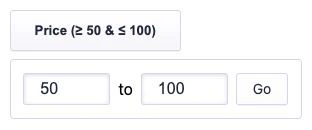 Screenshot of a price range facet with 'Price (≥ 50 and ≤ 100)' button text and input fields for '50' to '100' with a 'Go' button.