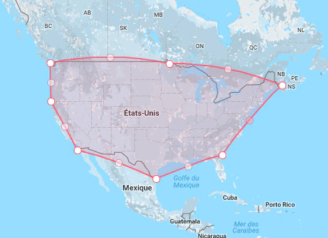 Screenshot of a map showing the United States with a polygonal filter drawn over it, highlighting a specific region.