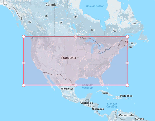 Screenshot of a map showing a red rectangular selection box over the United States, with 'États-Unis' labeled inside the box.