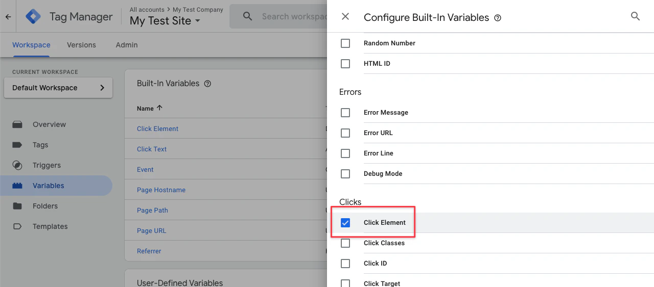 Screenshot of the Google Tag Manager 'Configure Built-In Variables' panel with 'Click Element' selected under 'Clicks'.