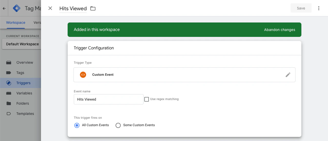 Screenshot of the Google Tag Manager 'Hits Viewed' trigger configuration with 'Custom Event' selected and 'All Custom Events' chosen.