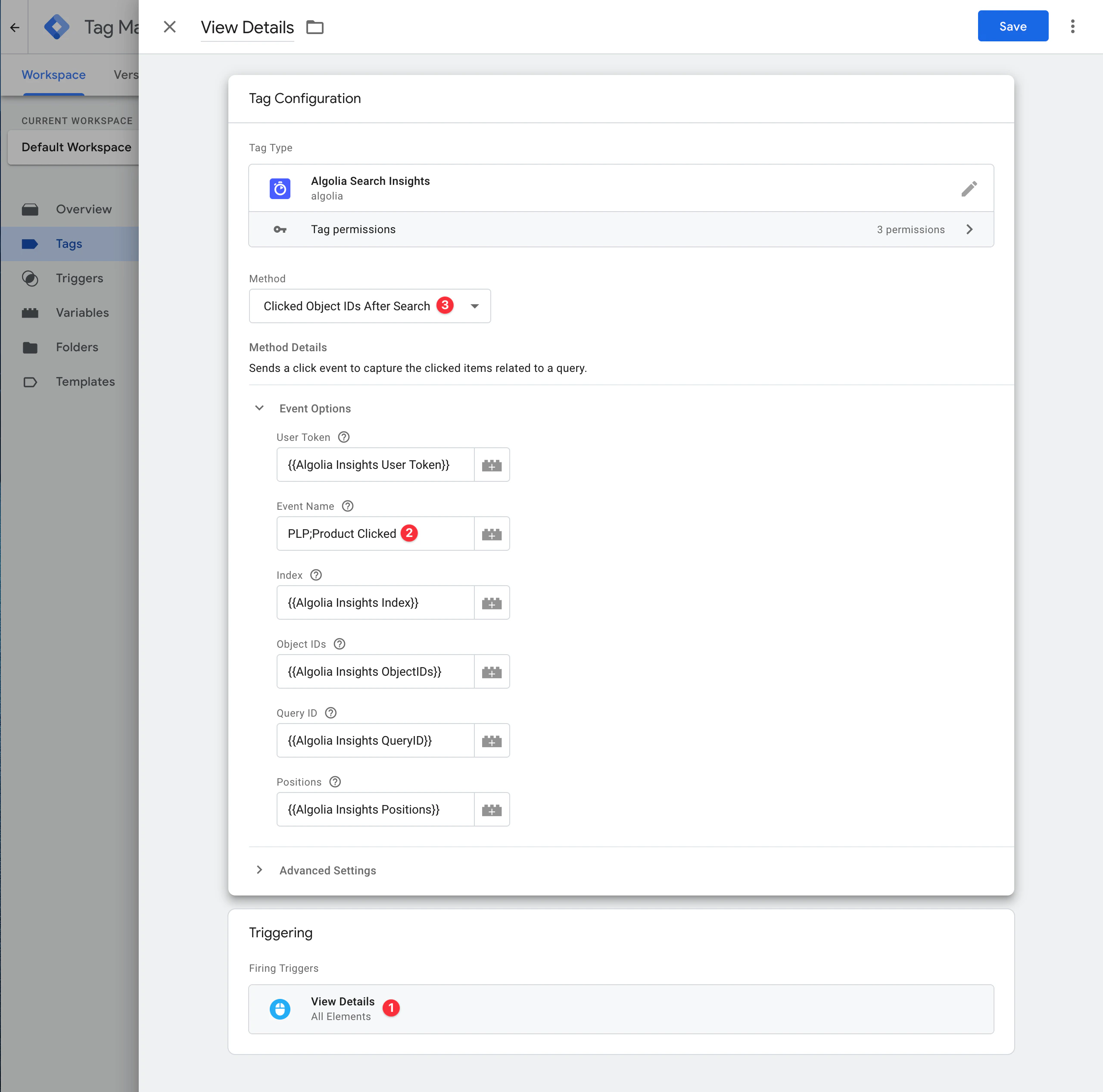 Screenshot of a Google Tag Manager tag configuration for 'Algolia Search Insights' with 'Clicked Object IDs After Search' method.