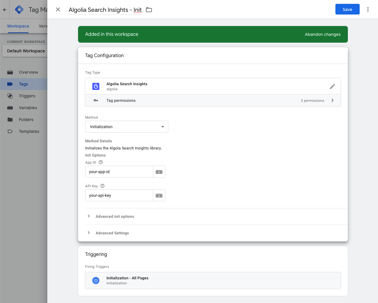 Screenshot of Google Tag Manager tag config for 'Algolia Search Insights' with 'Initialization' method and 'App ID' and 'API Key' fields.