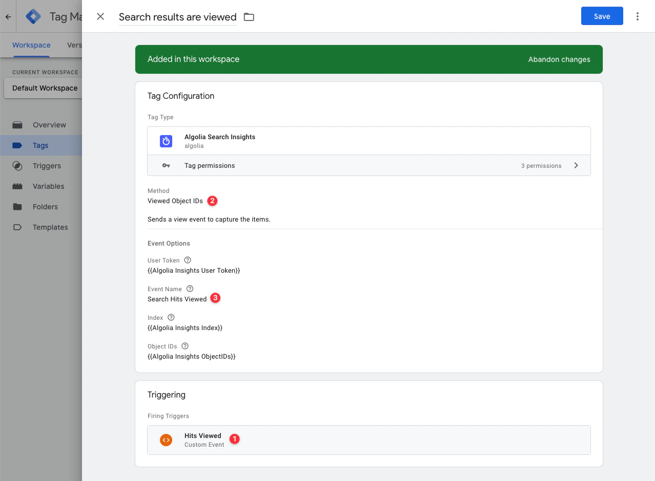 Screenshot of a Google Tag Manager tag configuration for 'Algolia Search Insights' with event and triggering details.