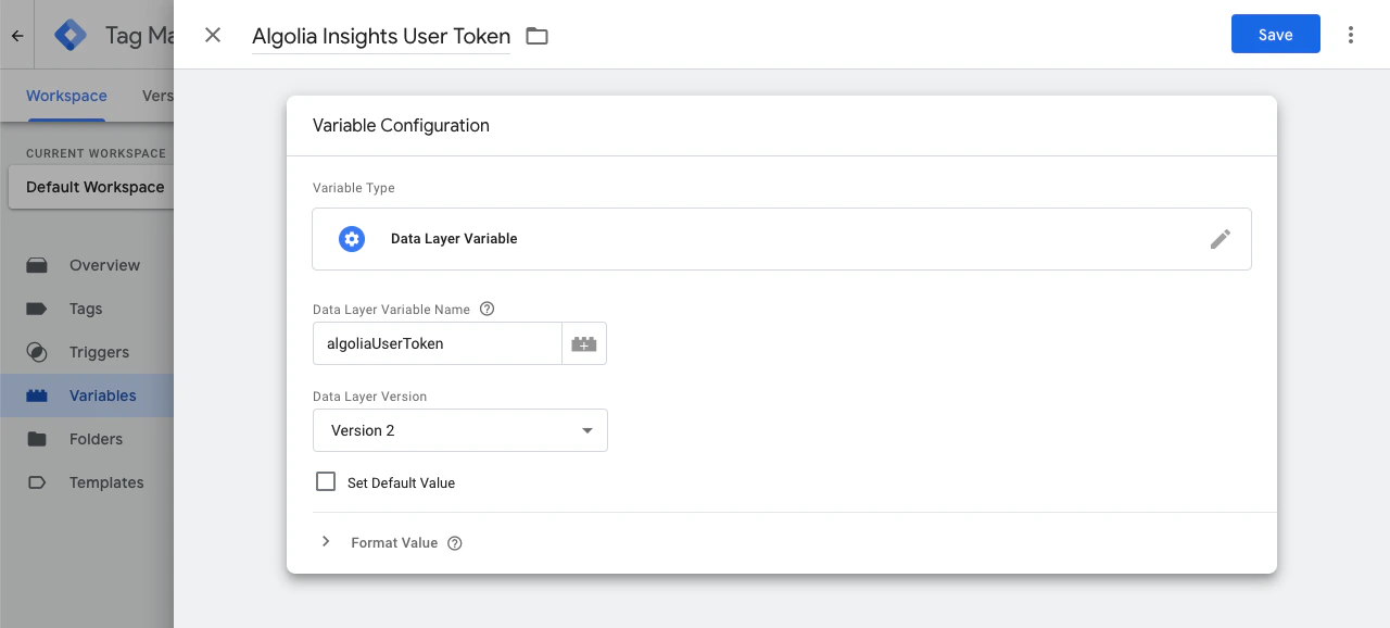Screenshot of a 'Variable Configuration' dialog showing a 'Data Layer Variable' named 'algoliaUserToken' with 'Version 2' selected.