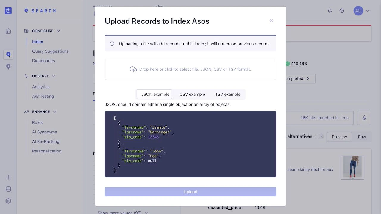 Screenshot of a modal titled 'Upload Records to Index Asos' with a file upload area, example buttons, JSON code, and an 'Upload' button.