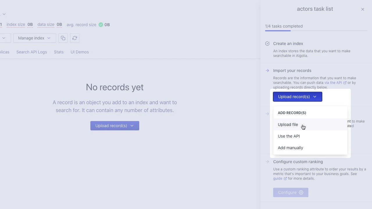 Screenshot of a drop-down menu with options:'Add records', 'Upload file', 'Use the API', and 'Add manually'.