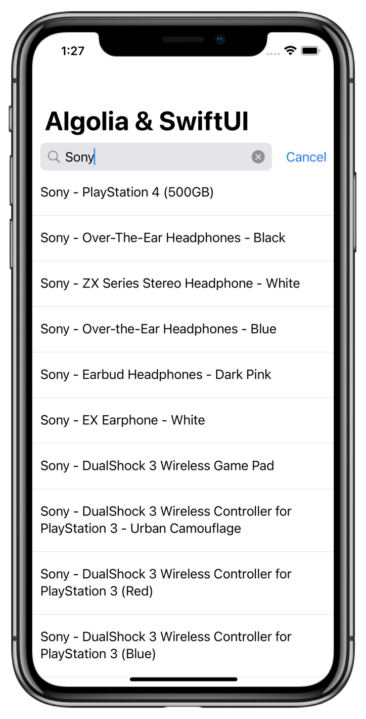 Screenshot of a mobile app with a search box showing 'Sony' and a list of Sony products below.