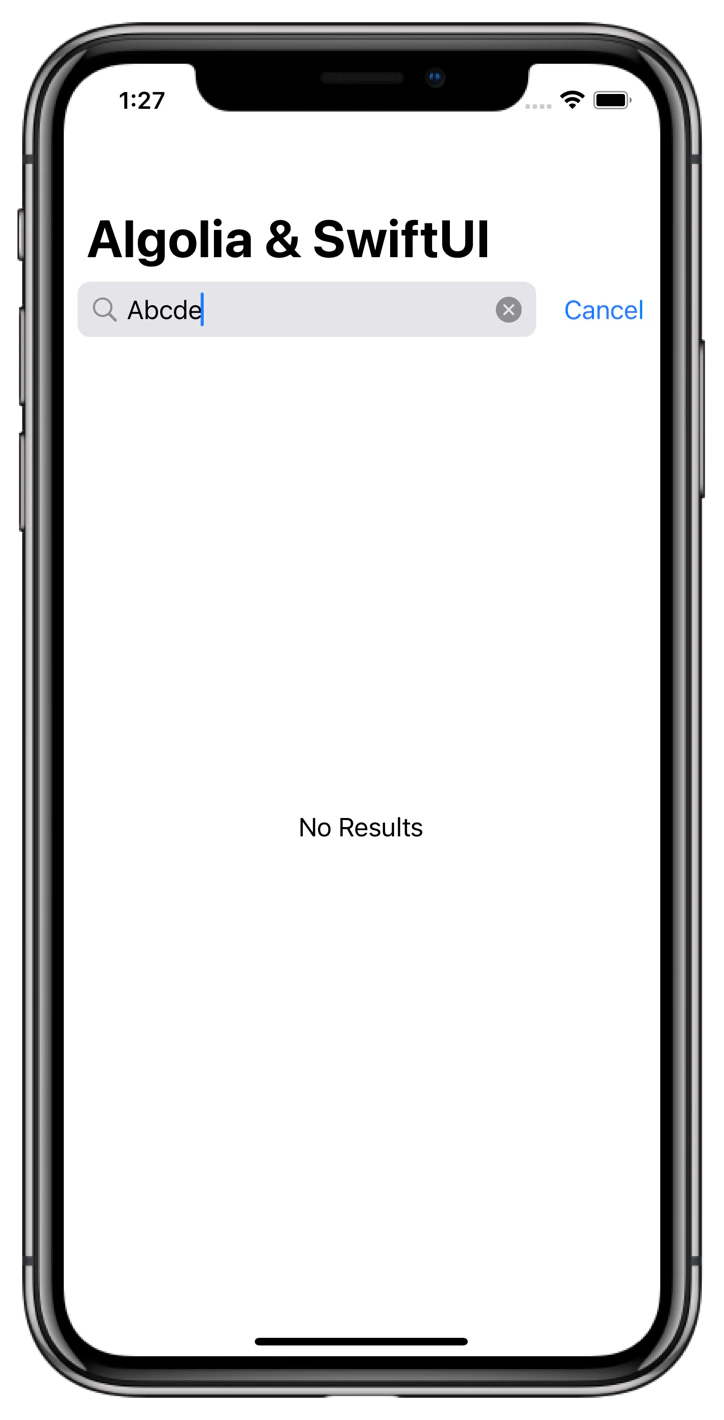 Screenshot of a phone displaying a search interface with the query 'Abcde' in a search box, showing 'No Results' below.
