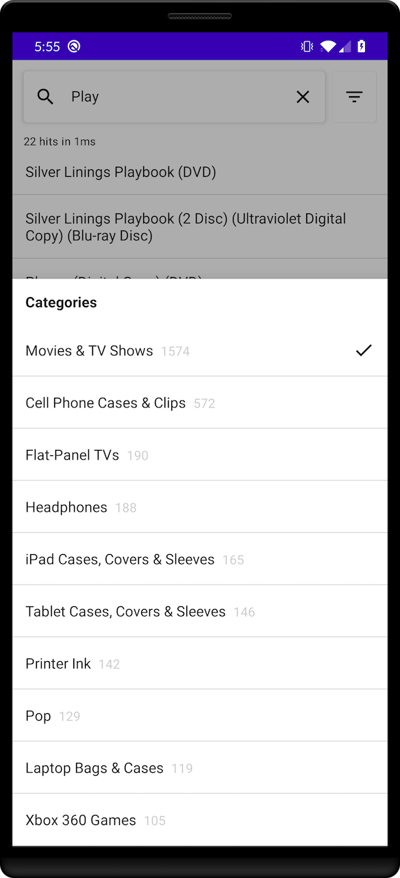 Screenshot of a mobile app's 'Categories' filter menu, showing options like 'Movies and TV Shows' and 'Headphones,' with 'Movies and TV Shows' selected.
