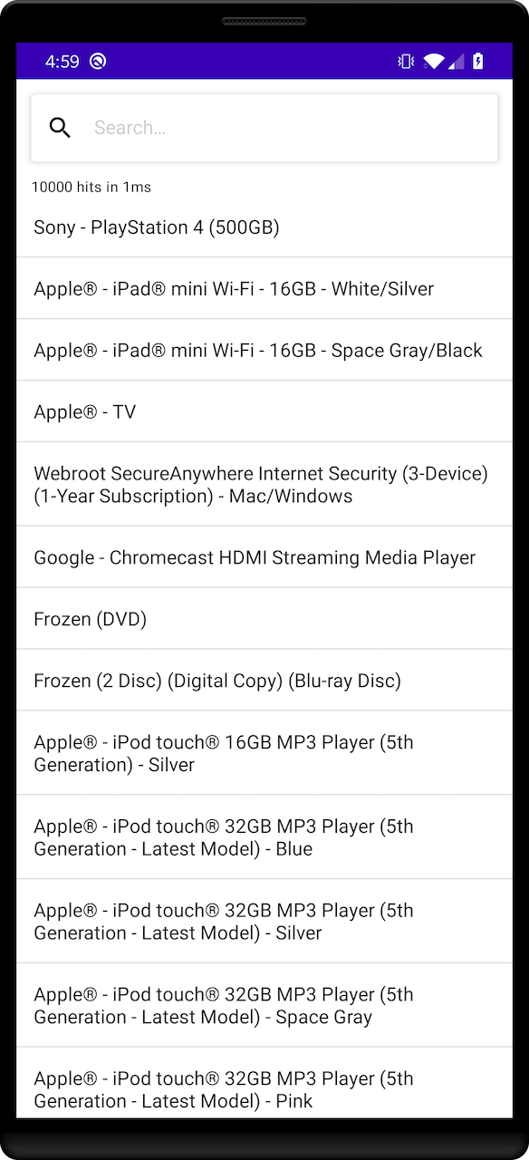 Screenshot of a mobile app showing a search box and product list with'10000 hits in 1ms' above results.