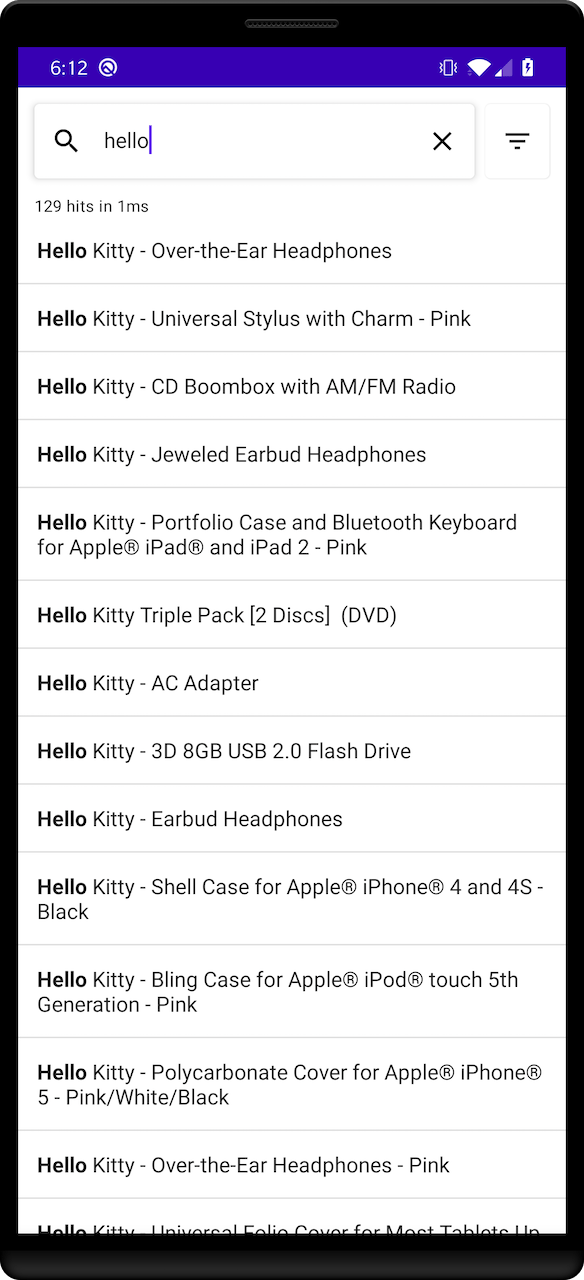 Screenshot of a search interface with 'hello' in the query bar, showing results like 'Hello Kitty - Over-the-Ear Headphones' and other products.