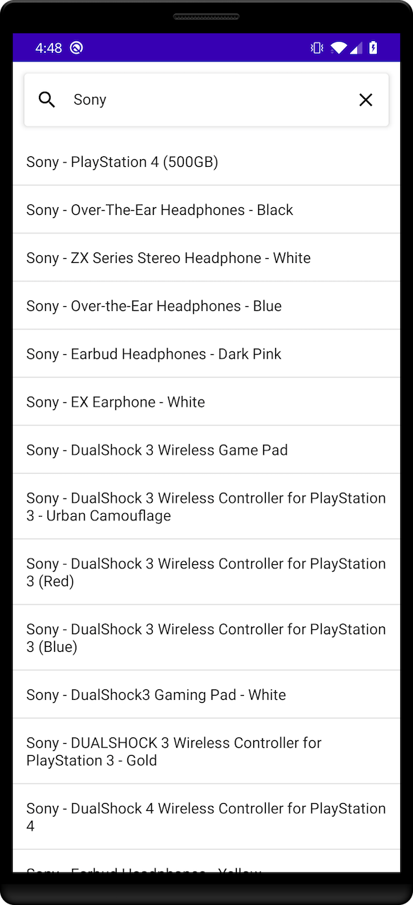 Screenshot of a mobile search interface with 'SearchBox' showing 'Sony' and product suggestions like 'Sony - PlayStation 4 (500GB)'.