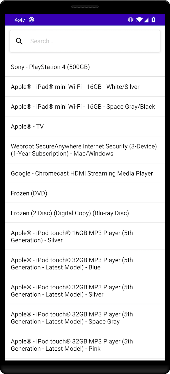 Screenshot of a mobile app with a search box and product list, including 'Sony - PlayStation 4 (500GB)' and 'Apple® - iPad® mini Wi-Fi - 16GB - White/Silver'.
