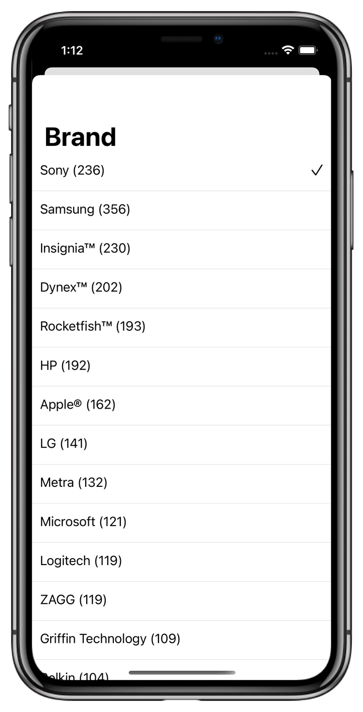 Screenshot of a mobile app screen showing a 'Brand' filter list with options like 'Sony (236)', 'Samsung (356)', and 'Insignia™ (230)', with 'Sony' selected.