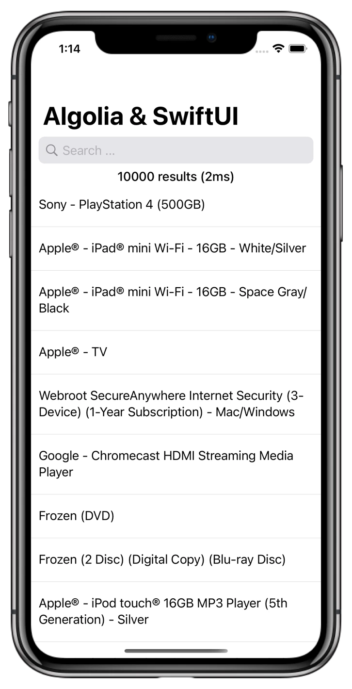 Screenshot of a phone showing search results for 'Algolia and SwiftUI' with items like 'Sony - PlayStation 4 (500GB)' and 'Apple® - iPad® mini Wi-Fi - 16GB - White/Silver'.