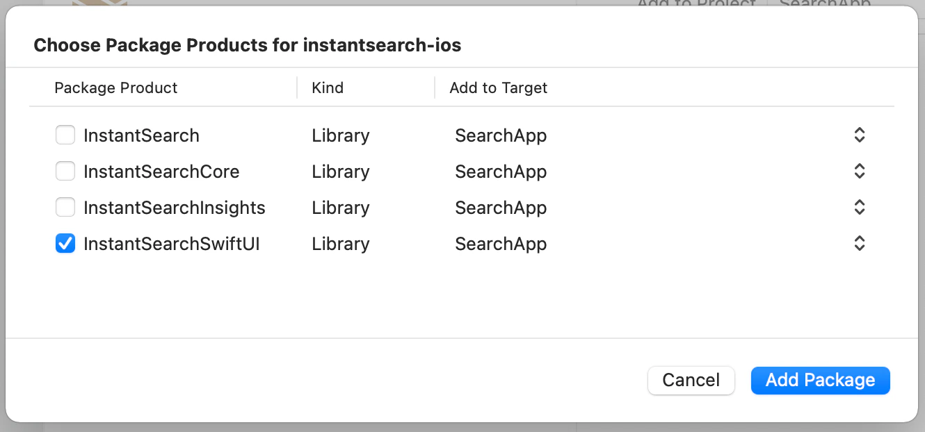 Screenshot of a dialog selecting 'InstantSearchSwiftUI' for 'SearchApp' with 'Add Package' and 'Cancel' buttons.