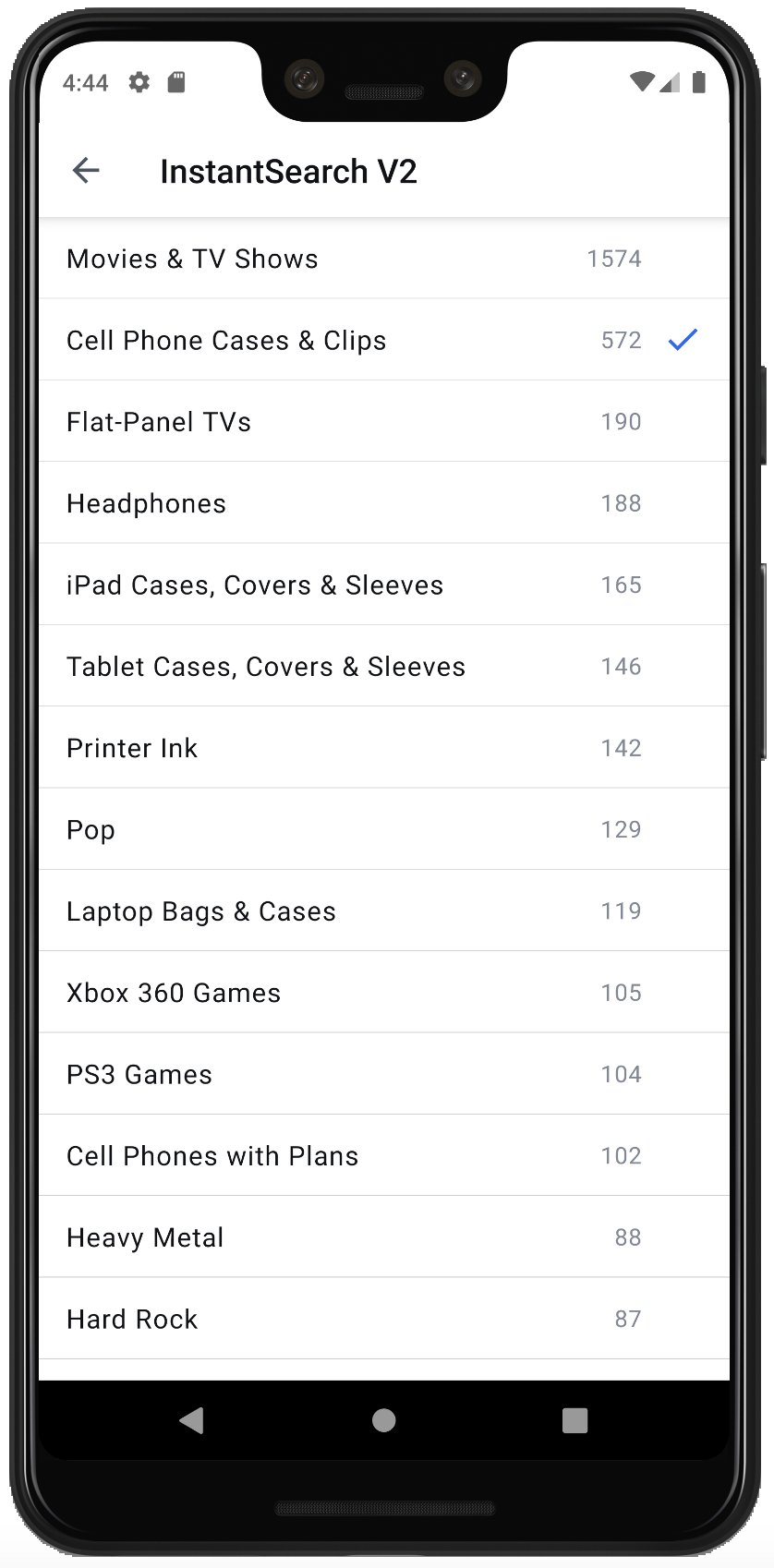 Screenshot of a mobile interface showing a list of categories with counts, where 'Cell Phone Cases and Clips' is selected with a checkmark.