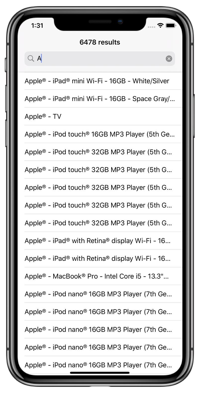 Screenshot of a mobile search interface showing'6478 results' above a list of Apple products with 'A' entered in the search box.