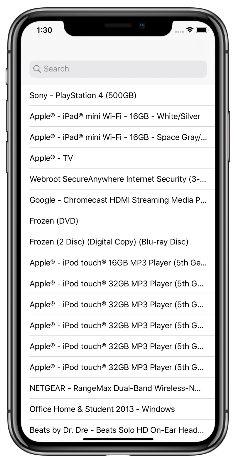 Screenshot of a mobile app showing a search box and a list of products like 'Sony - PlayStation 4 (500GB)' and 'Apple® - iPad® mini Wi-Fi - 16GB - White/Silver'.