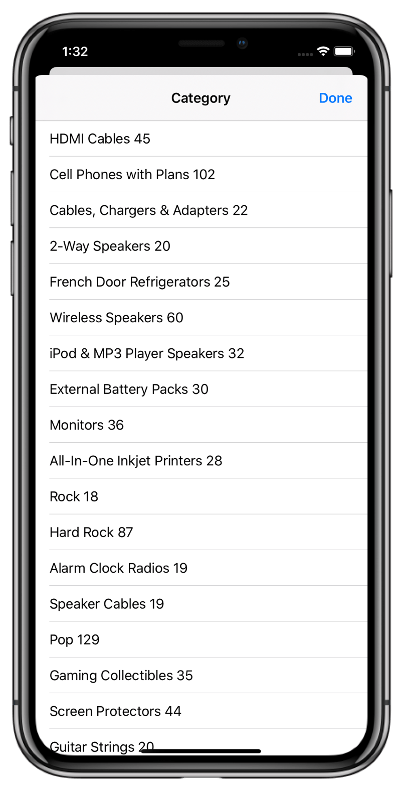 Screenshot of a mobile interface showing a 'Category' list with items like 'HDMI Cables 45' and 'Cell Phones with Plans 102' under a 'Done' button.