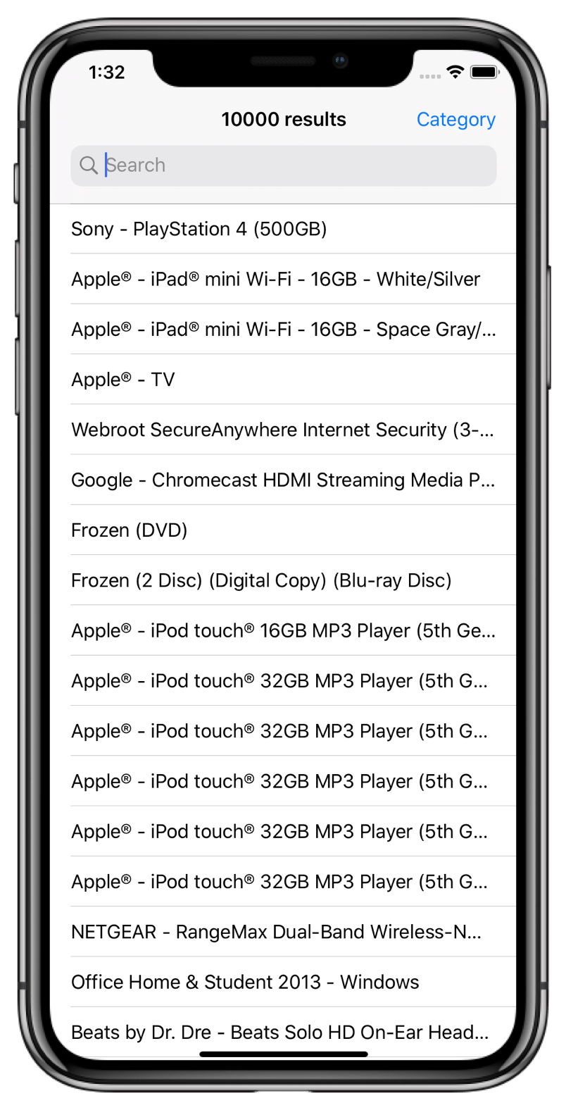 Screenshot of a mobile app showing search results with a 'Search' bar and 'Category' link, listing items like 'Sony - PlayStation 4 (500GB)'.
