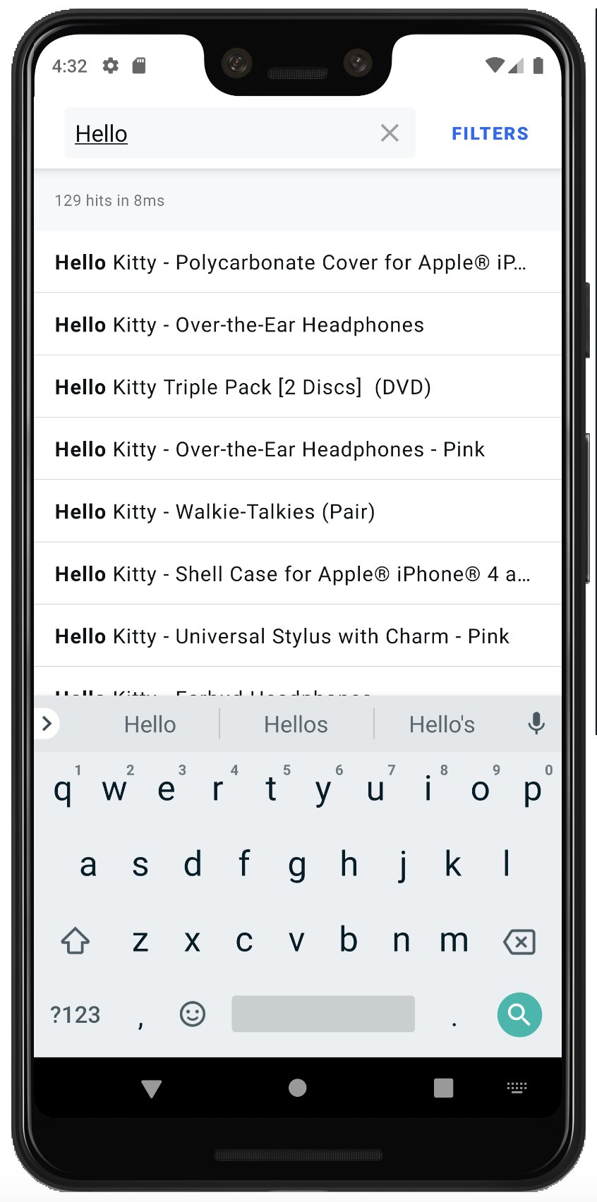 Screenshot of a mobile search with 'Hello' entered, showing results for 'Hello Kitty' products and a keyboard.