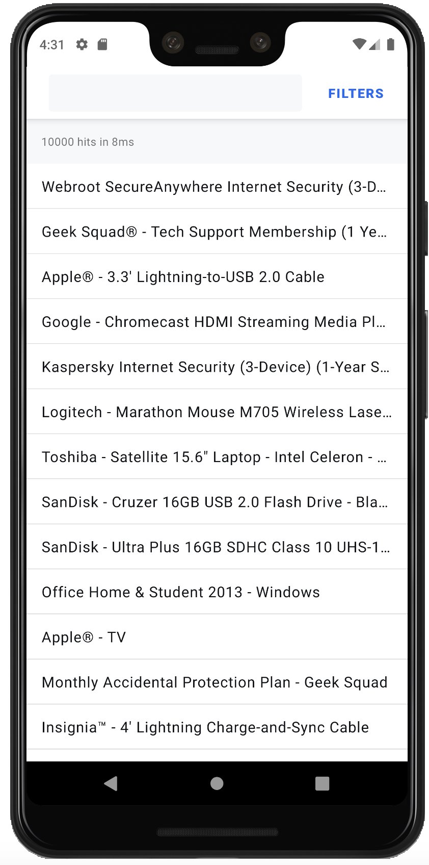 Screenshot of a mobile app showing search results under 'Hits,' listing items like 'Webroot SecureAnywhere' and 'Apple® - 3.3' Lightning-to-USB 2.0 Cable' with a 'FILTERS' button.