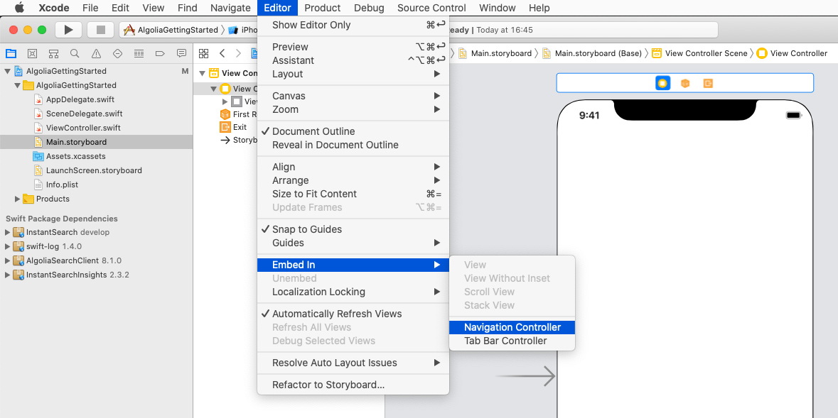 Screenshot of Xcode interface showing the 'Editor' menu with 'Embed In' sub-menu open, highlighting 'Navigation Controller' option.