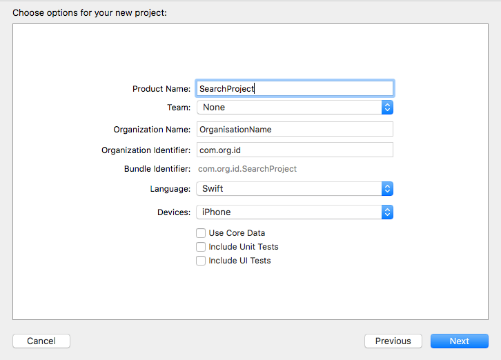 Screenshot of Xcode's new project dialog with 'SearchProject' in 'Product Name' and 'Swift' selected.