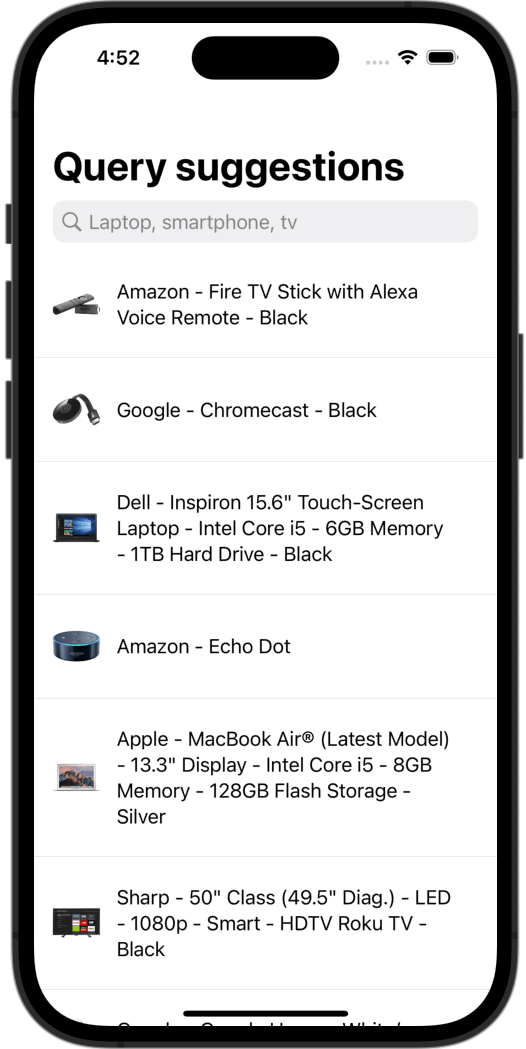Initial screen for Query Suggestions on iOS showing the results of an empty query