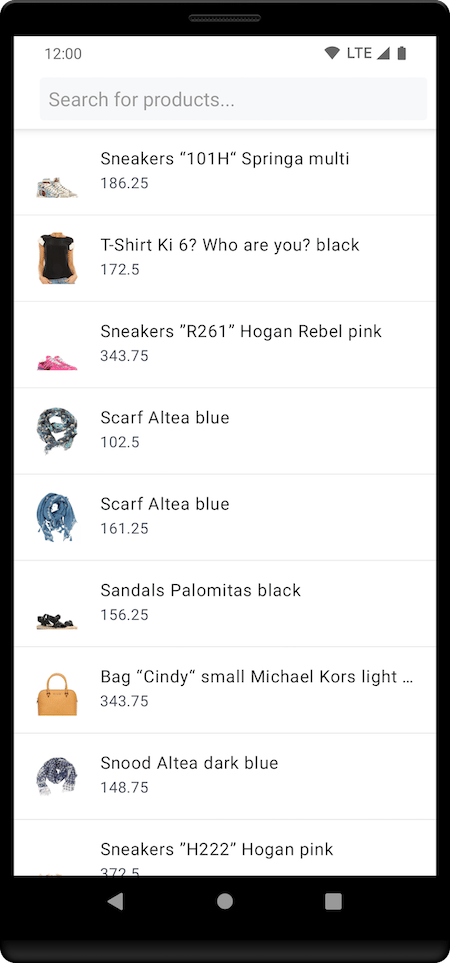Initial state of the search interface on Android showing the search box and the results for an empty search query.