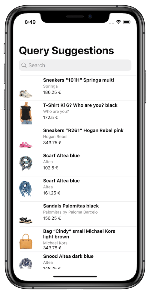 Initial screen for Query Suggestions on iOS showing the results of an empty query