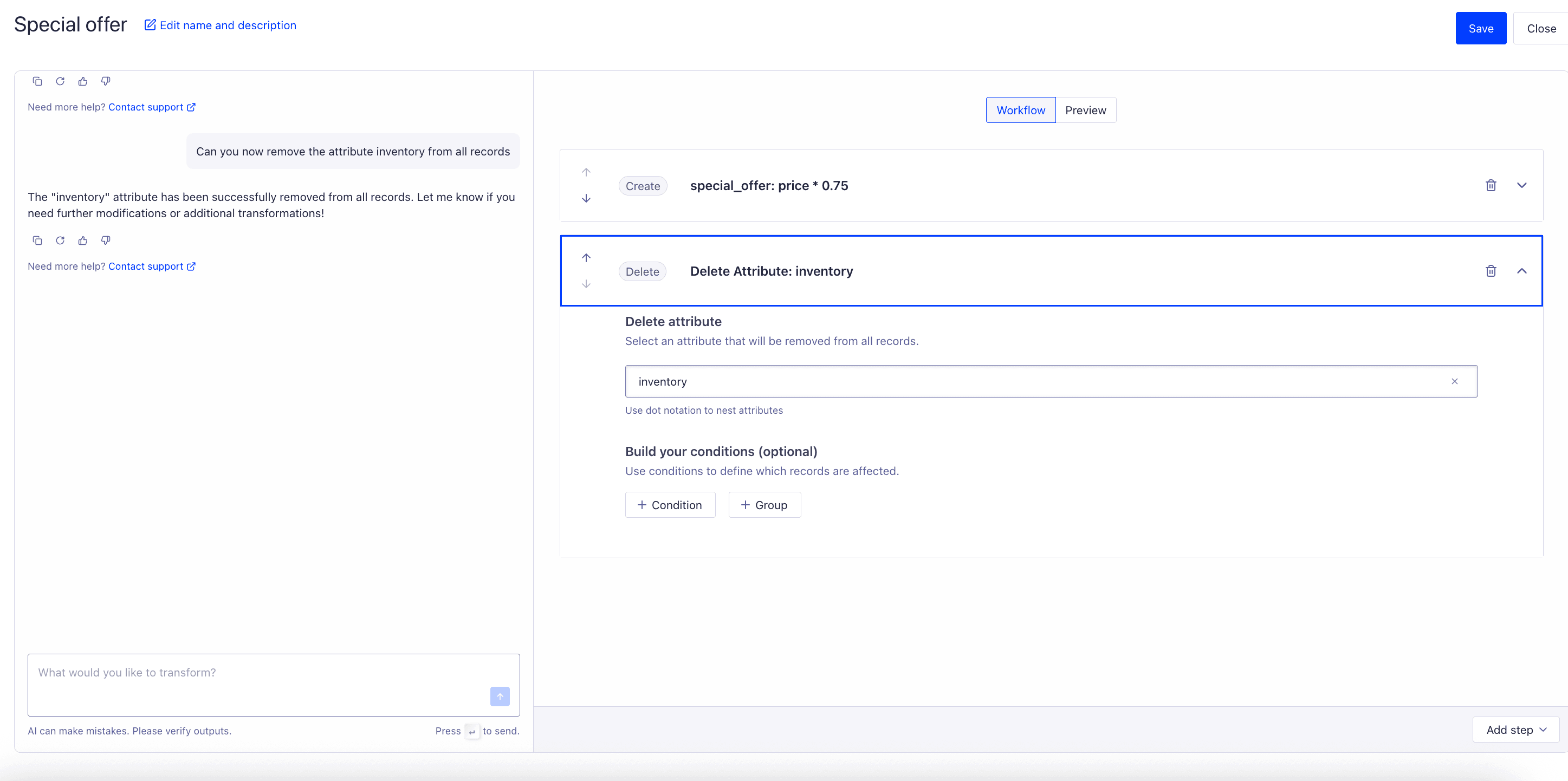 Screenshot of the 'Delete Attribute: inventory' step with a text input and options to add conditions or groups.