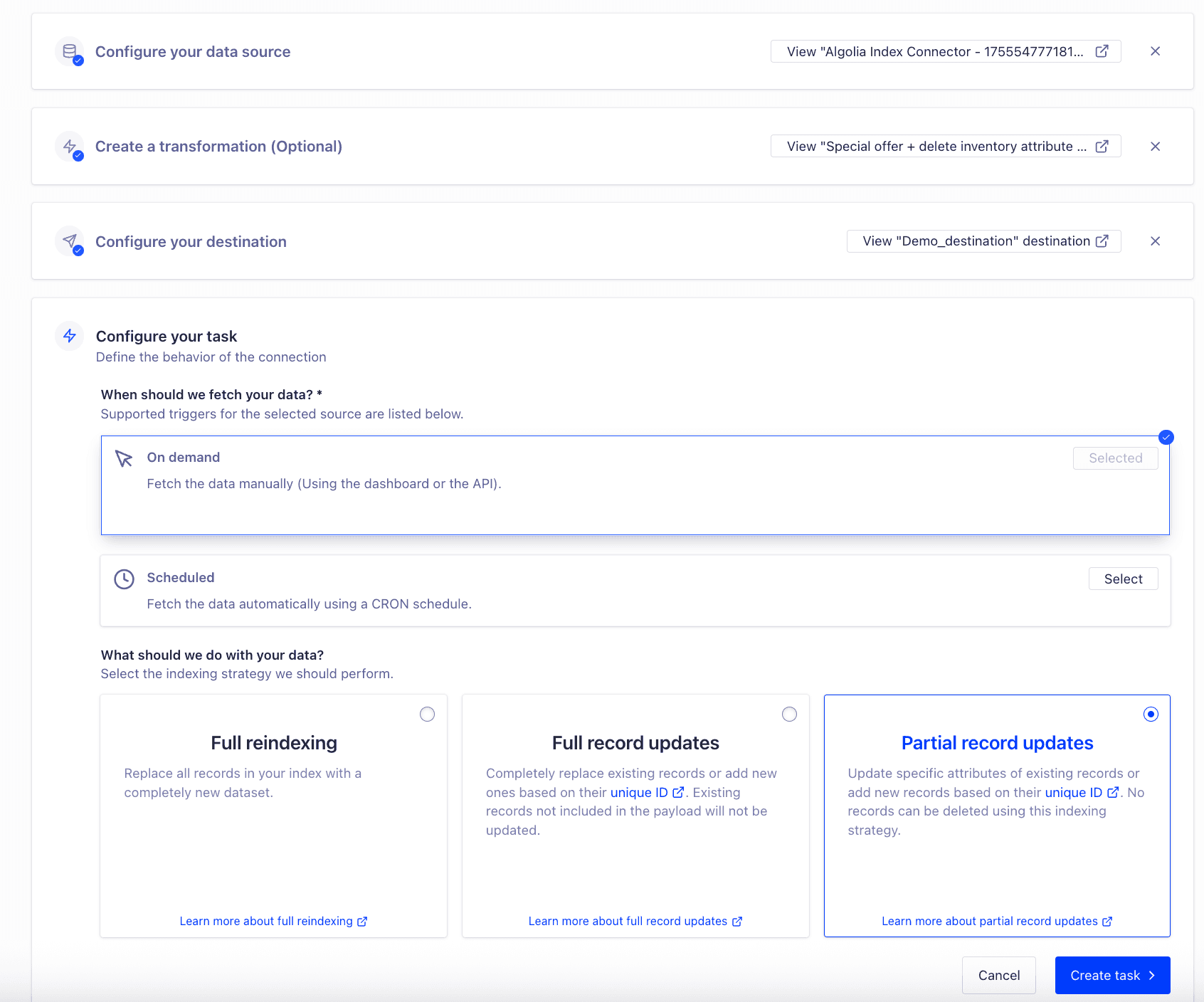 Screenshot of a task configuration interface with 'On demand' and 'Partial record updates' selected.
