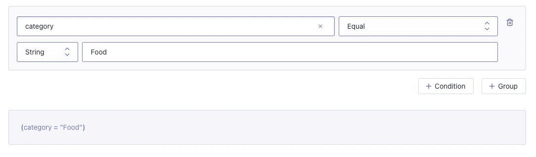 Screenshot of a condition builder with 'category' set to 'Equal' to 'Food', showing the resulting condition '(category = 'Food')'.