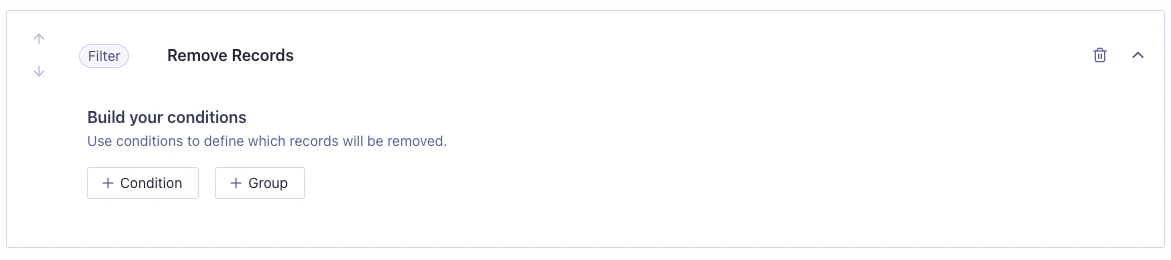 Form with fields for building conditions to select a subset of records to delete