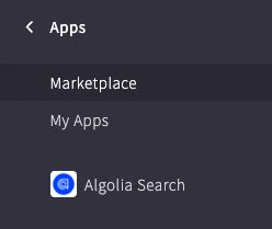 Screenshot of the BigCommerce Apps page showing the 'Algolia Search' app listed under 'User Apps' with its icon.