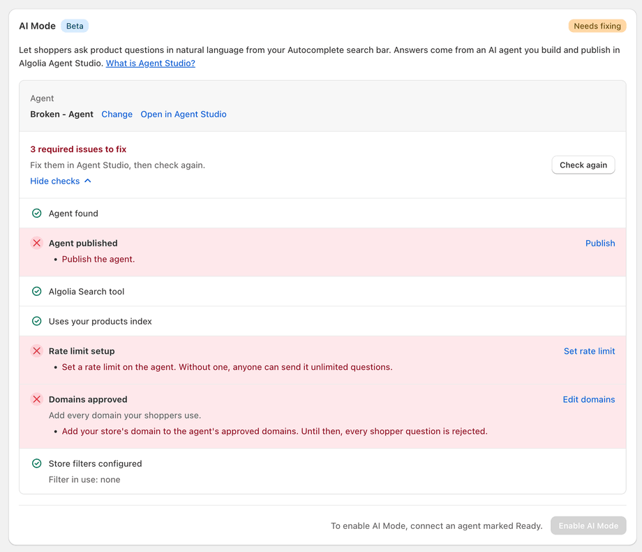 Screenshot of the 'AI Mode' card with a 'Needs fixing' status and three required issues: 'Agent published', 'Rate limit setup', and 'Domains approved'.