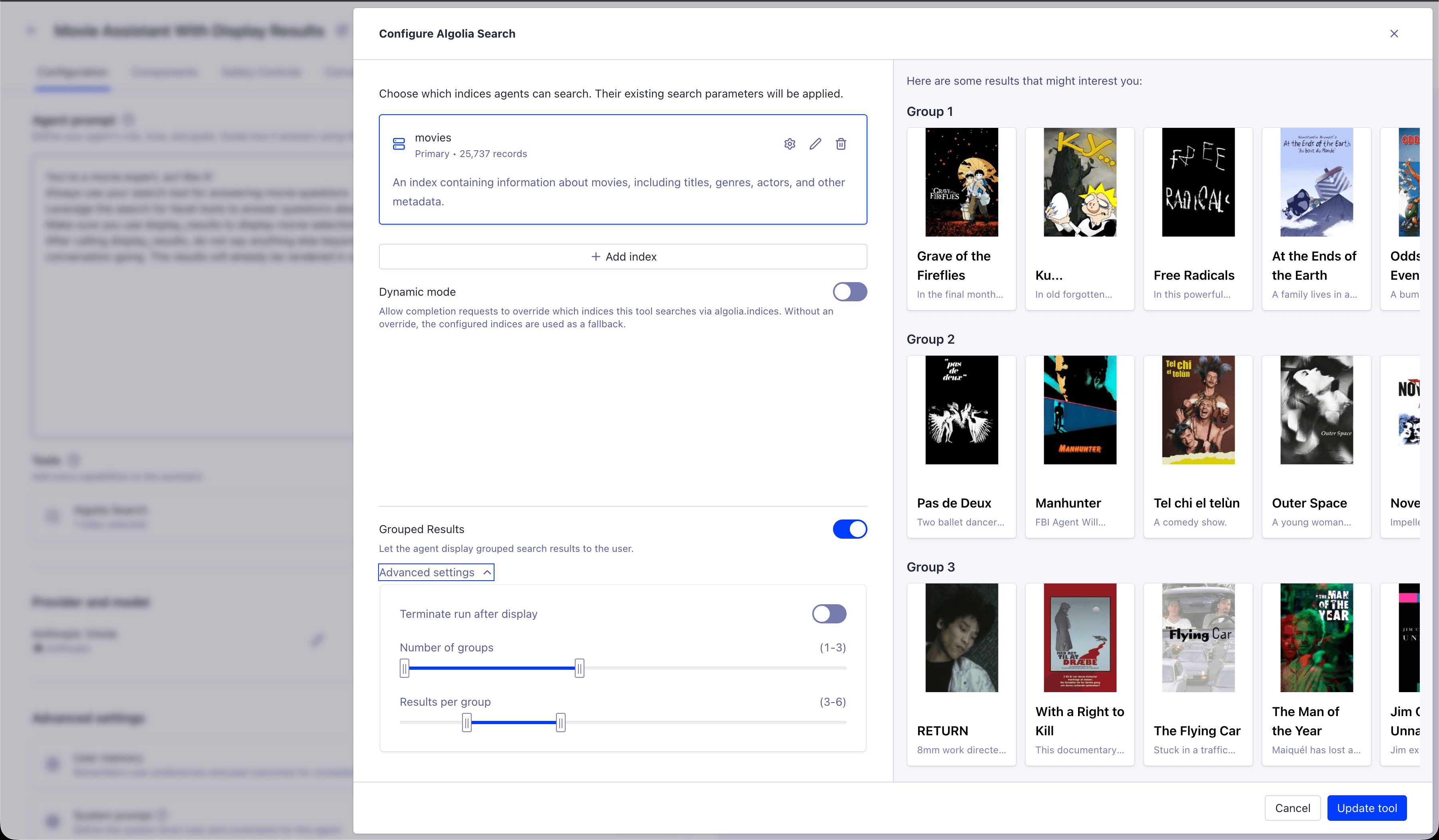 Screenshot of the "Configure Algolia Search" dialog with the "Grouped Results" switch turned on and the "Advanced settings" accordion expanded.