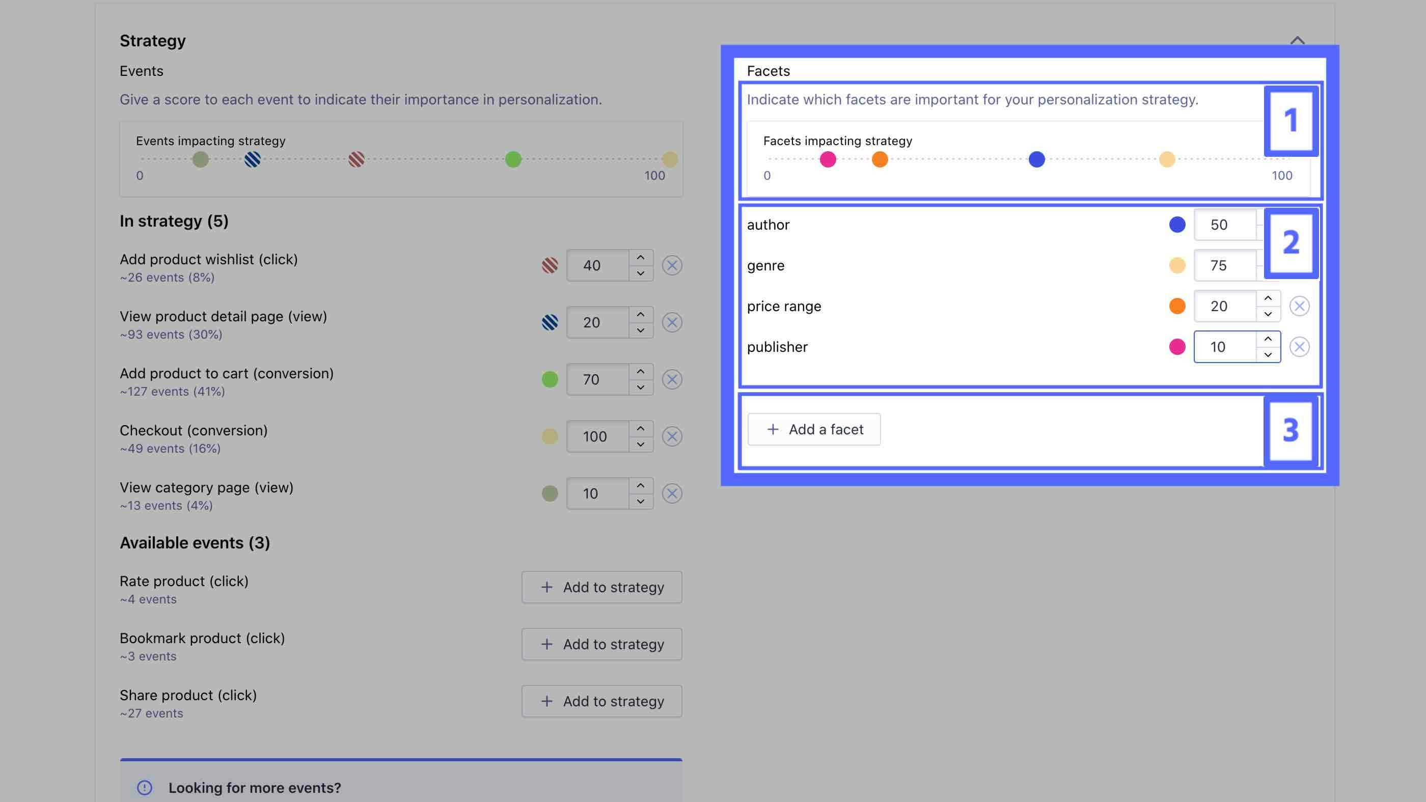 Including and weighting facets using the dashboard