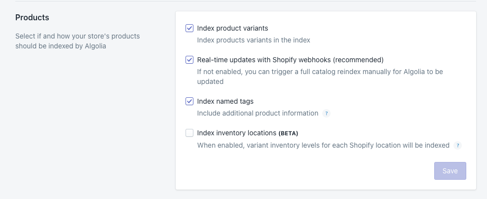 Update product indexing settings in the Algolia AI Search & Discovery app