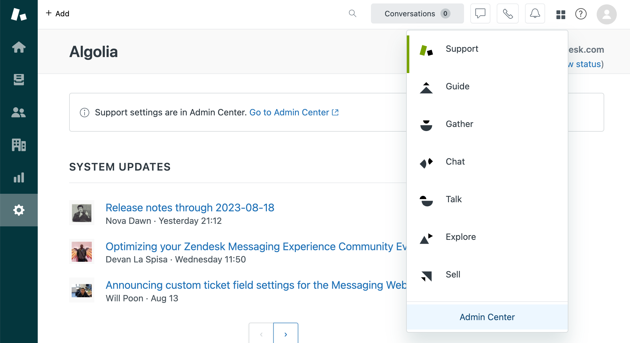 The selection menu in the Zendesk dashboard showing the Admin Center at the end of the list.